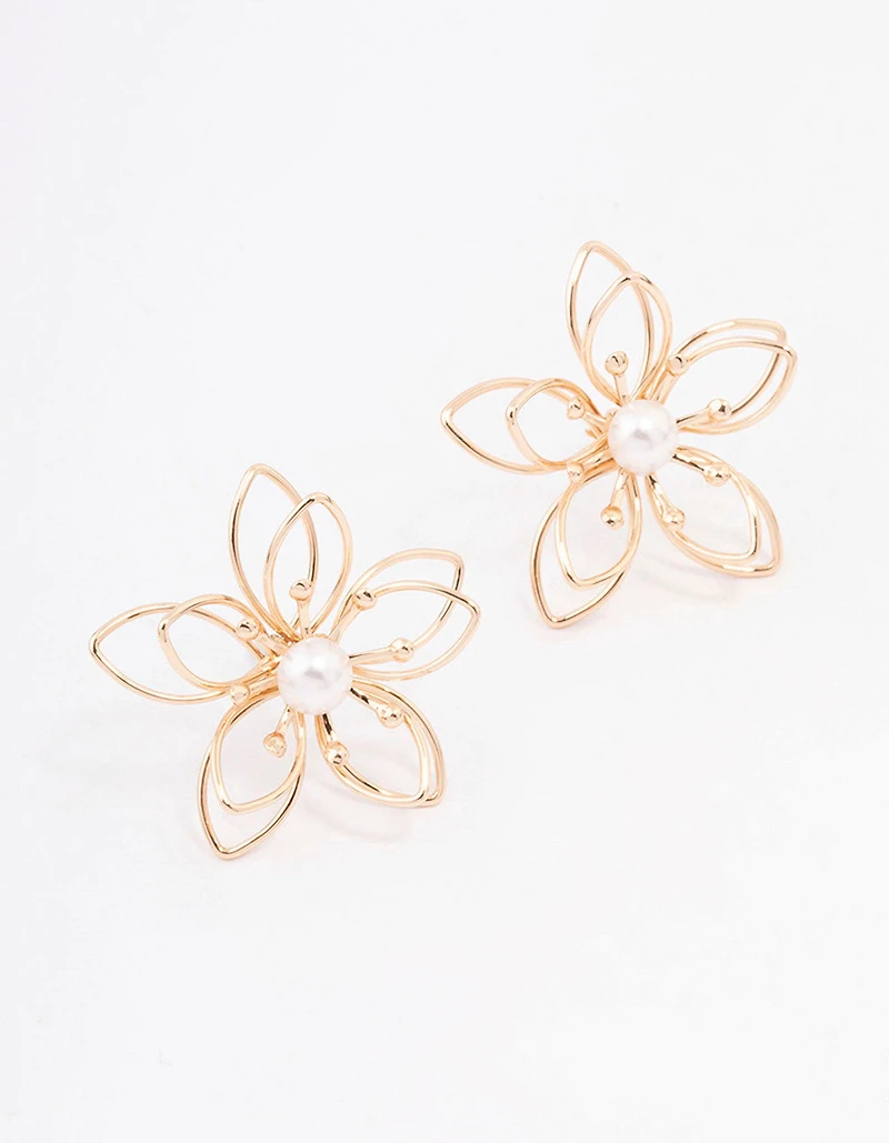 Gold Wire Pearl Flower Stud Earrings