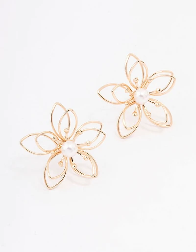 Gold Wire Pearl Flower Stud Earrings