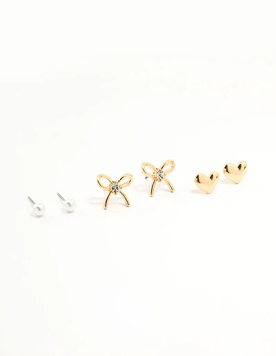 Gold Pearl Heart Bow Earrings 3-Pack