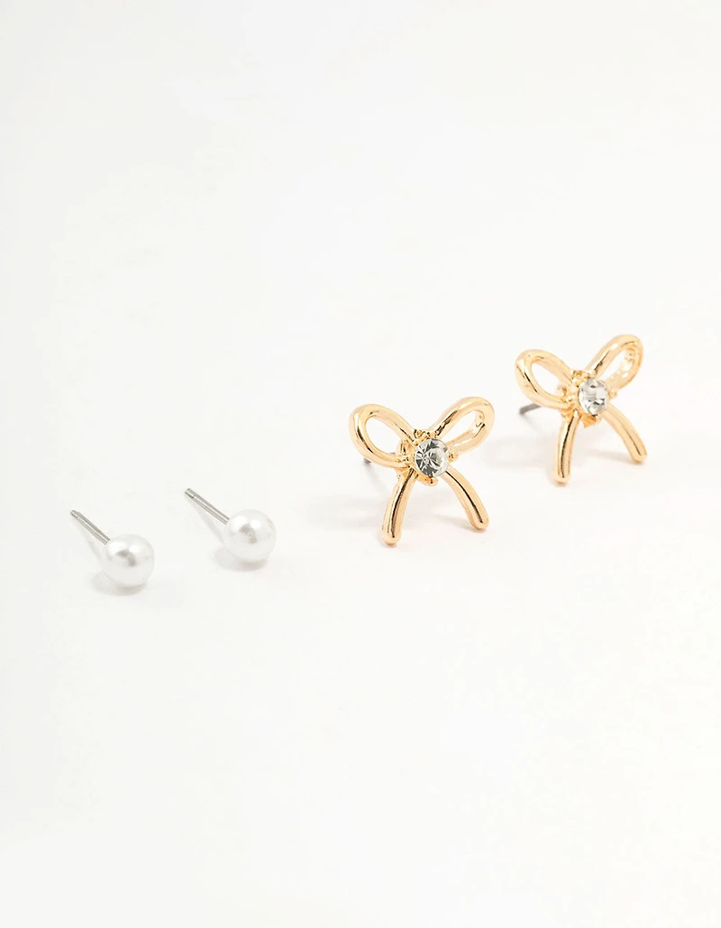 Gold Pearl Heart Bow Earrings 3-Pack