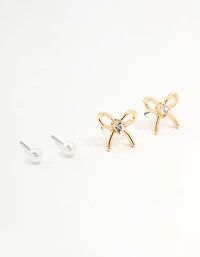 Gold Pearl Heart Bow Earrings 3-Pack