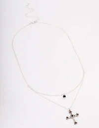 Antique Silver Double Chain Cross Necklace