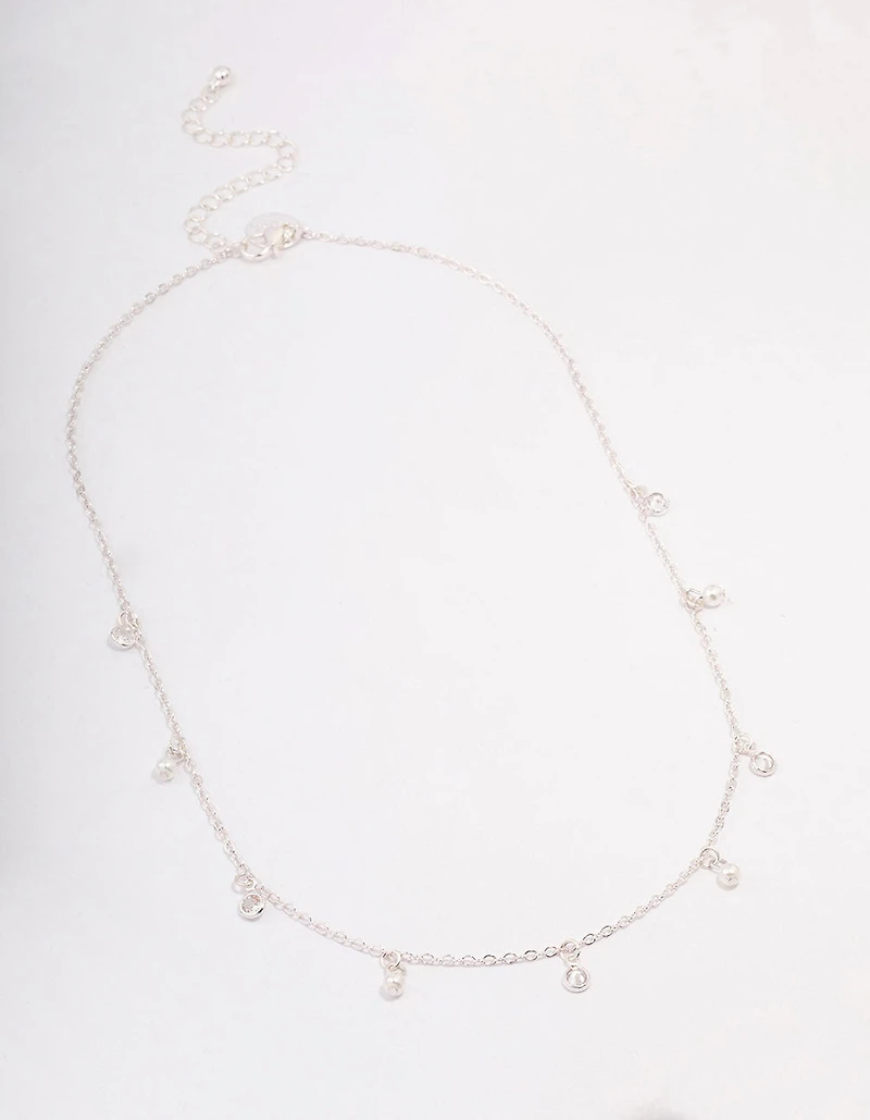 Silver Diamante & Pearl Drop Station Necklace