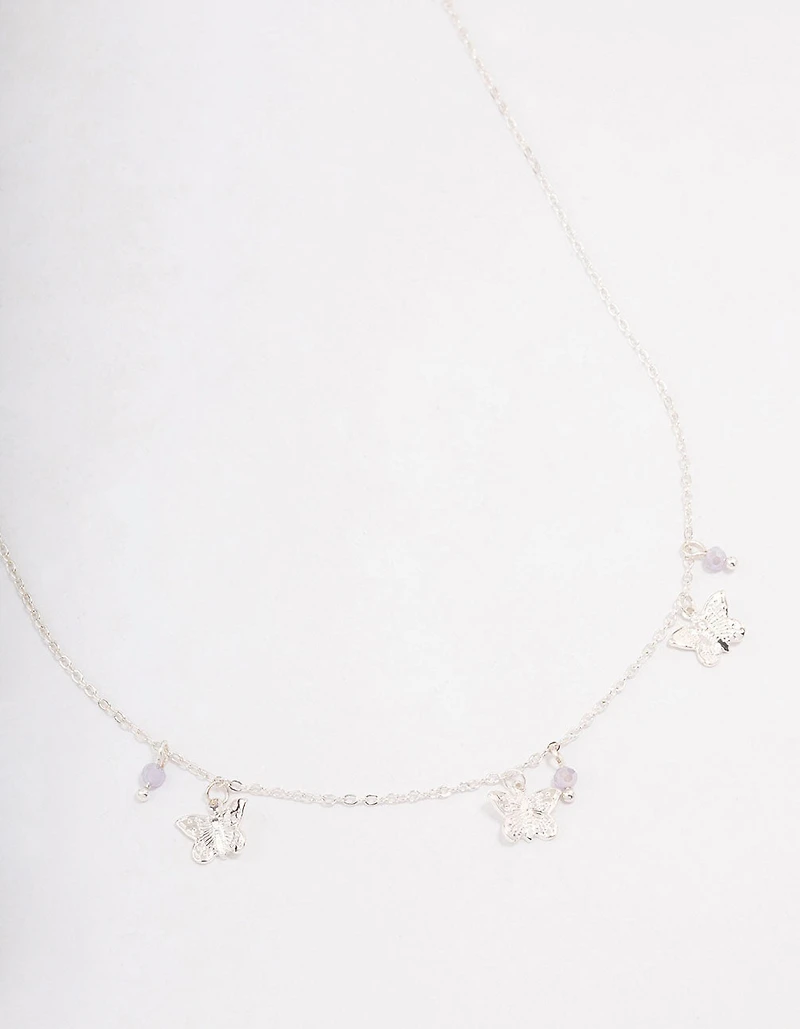Silver Butterfly Beaded Droplet Necklace
