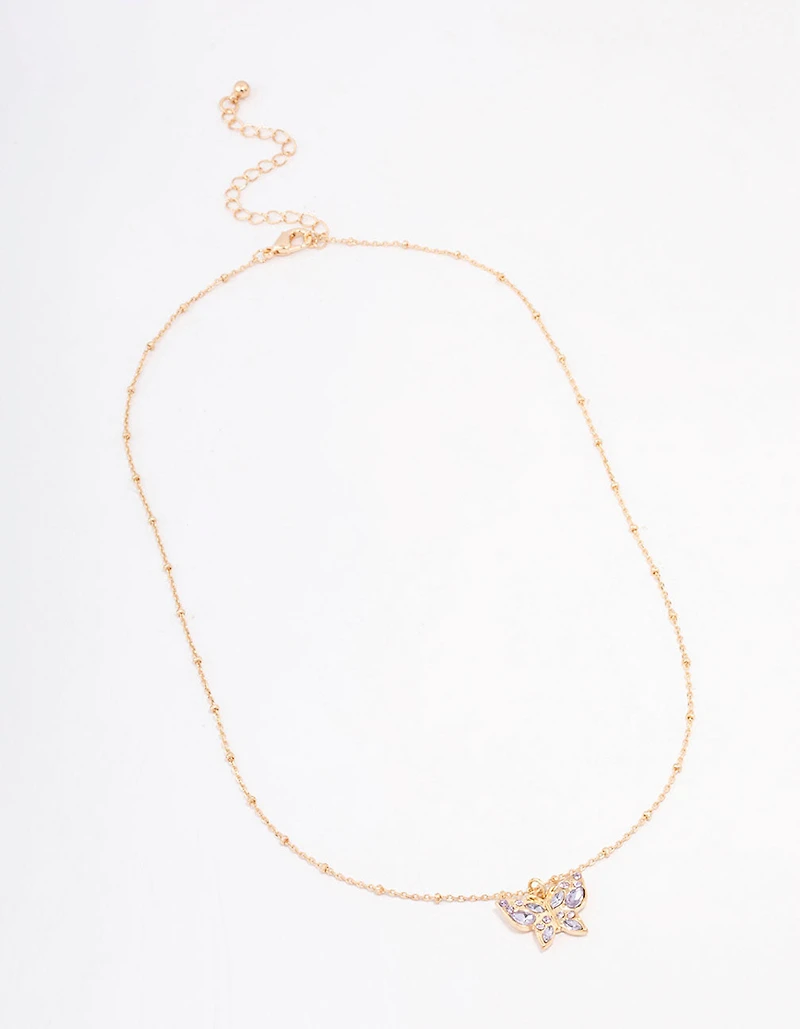 Gold Pave Ball Chain Butterfly Necklace