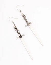 Antique Silver Floral Sword Drop Earrings