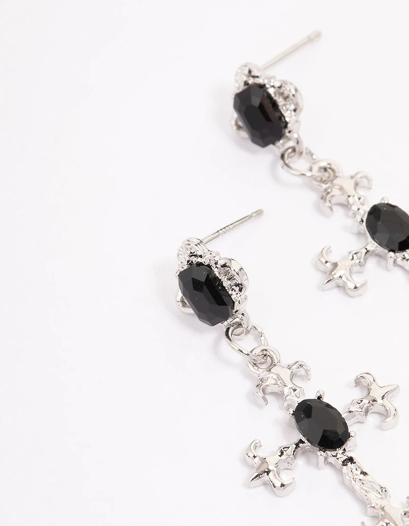 Silver Ornate Cross Drop Earrings