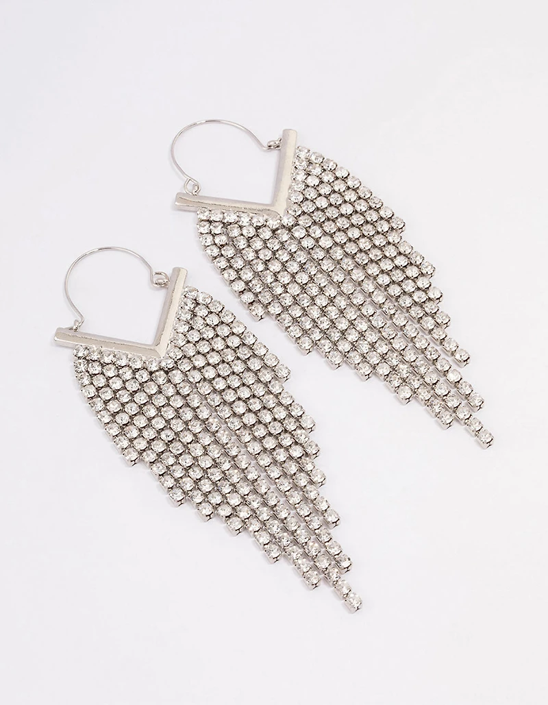 Silver Diamante Tassel Cup Chain Hoop Earrings
