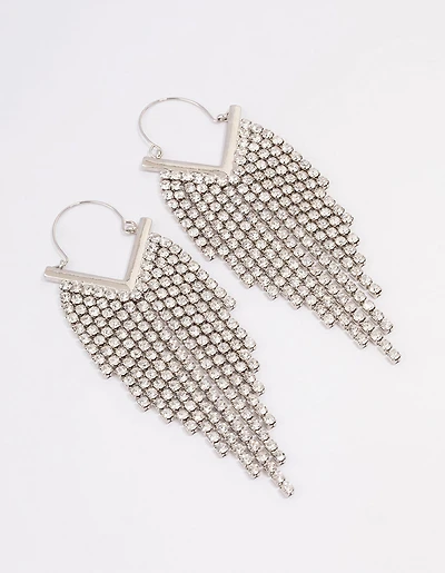 Silver Diamante Tassel Cup Chain Hoop Earrings