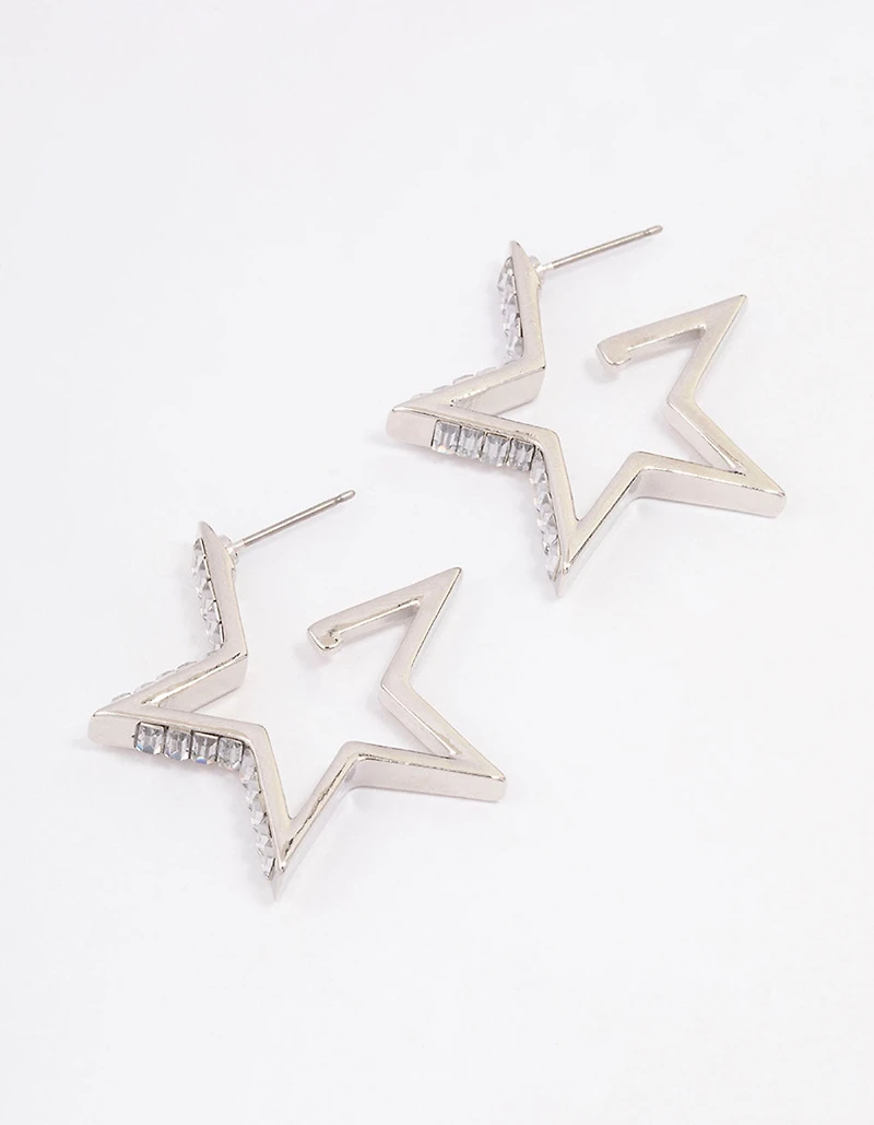 Silver Baguette Diamante Star Hoop Earrings