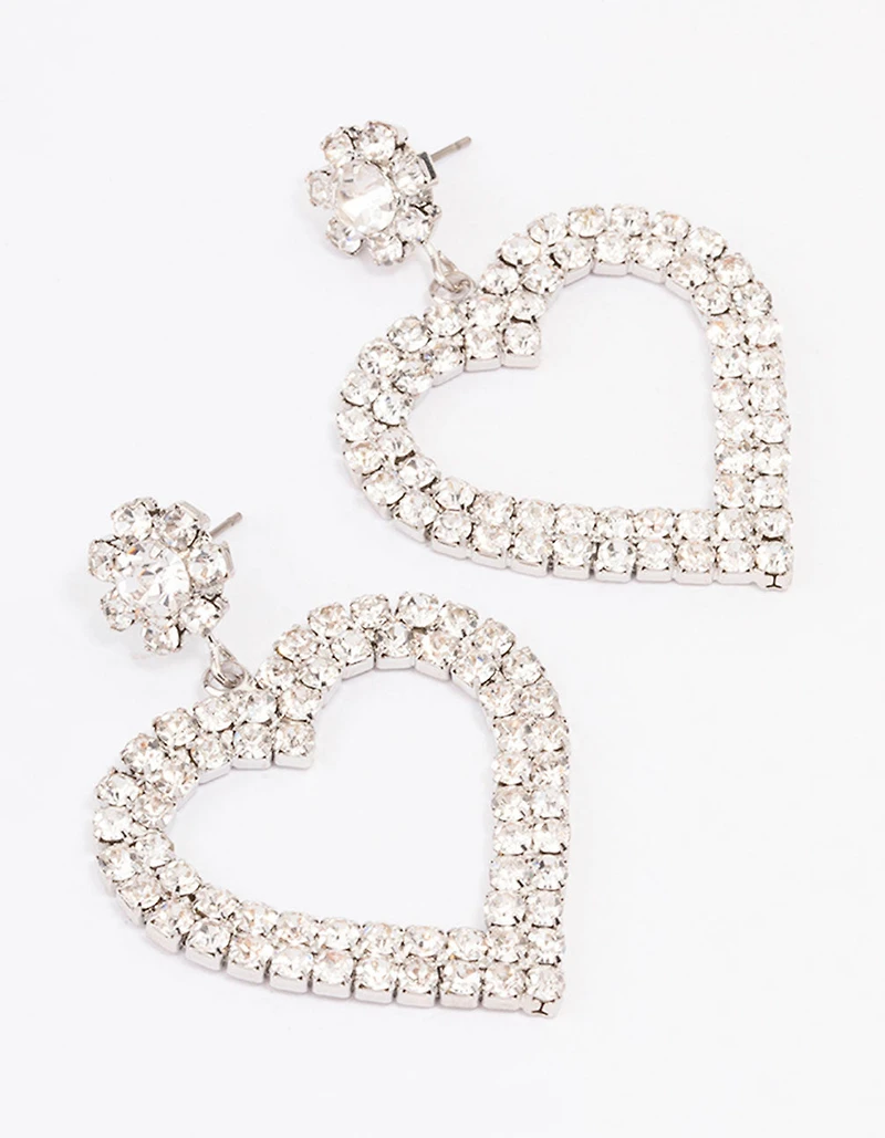 Silver Diamante Heart Drop Earrings