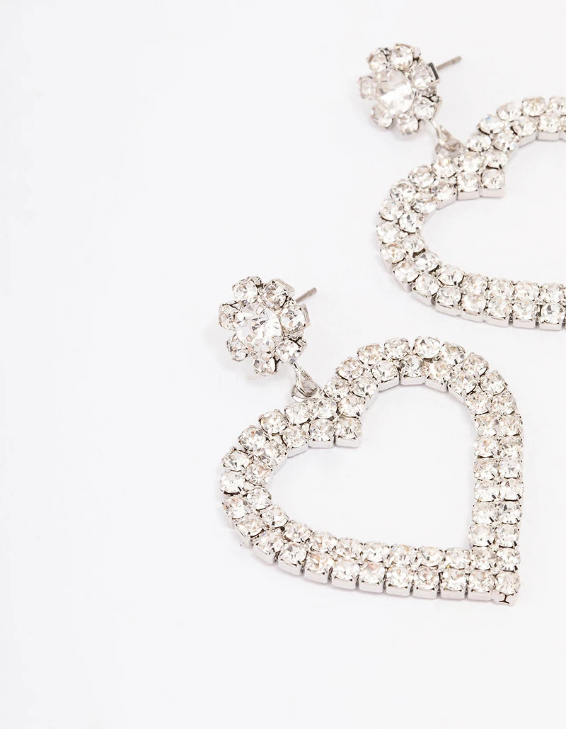 Silver  Diamante Heart Drop Earrings