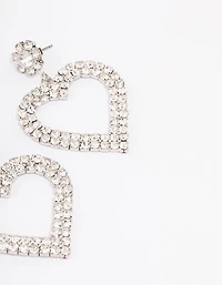 Silver  Diamante Heart Drop Earrings