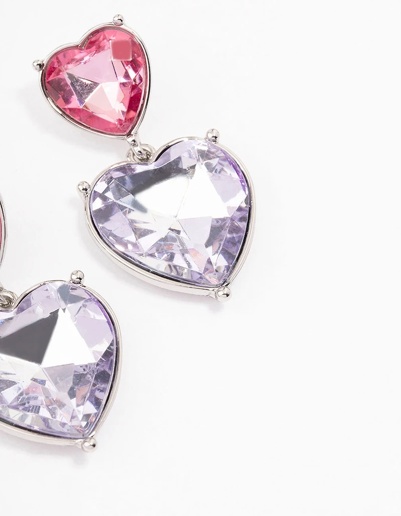 Pink & Purple Small Double Heart Drop Earrings