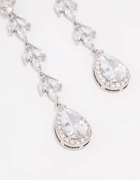 Silver Leaf Halo Pear Drop Earrings