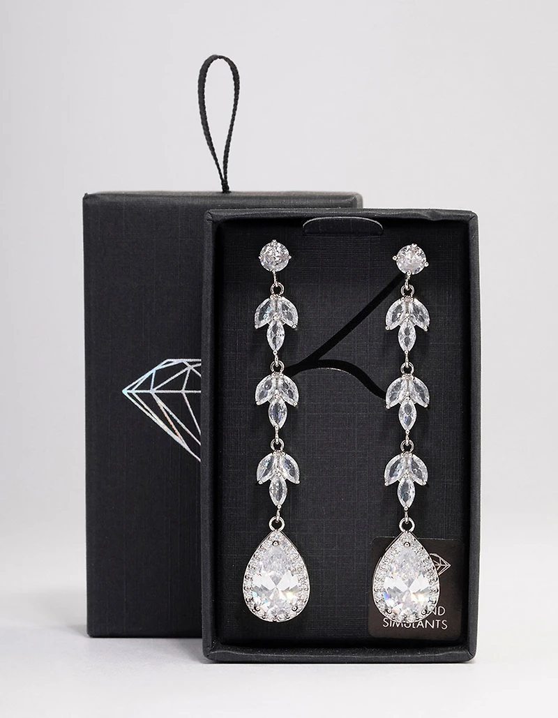 Silver Leaf Halo Pear Drop Earrings
