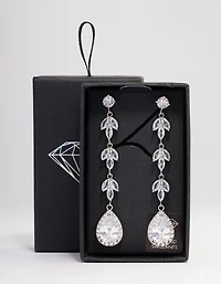 Silver Leaf Halo Pear Drop Earrings