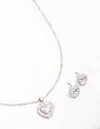Silver Cubic Zirconia Halo Heart Jewellery Set
