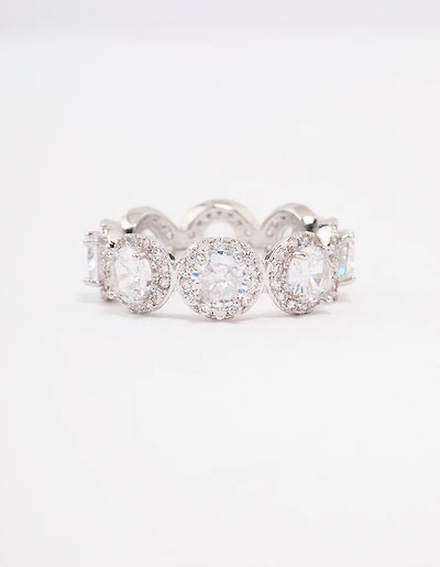 Silver Round Halo Cubic Zirconia Band Ring