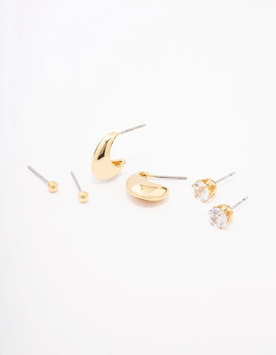 Gold Plated Brass Tapered Hoop Earrings 3-Pack