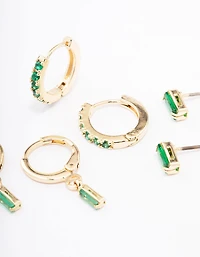 Gold Plated Brass Baguette Stud & Huggie Earring Pack