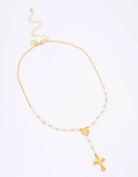 Gold Plated Pearl Cross Y-Shaped Pendant Necklace