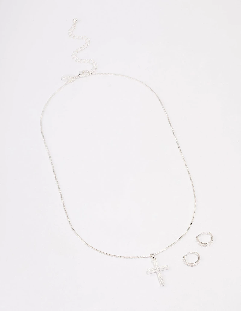 Silver Plated Diamante Cross Necklace & Huggie Earrings Jewellery Set