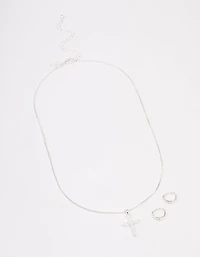 Silver Plated Diamante Cross Necklace & Huggie Earrings Jewellery Set