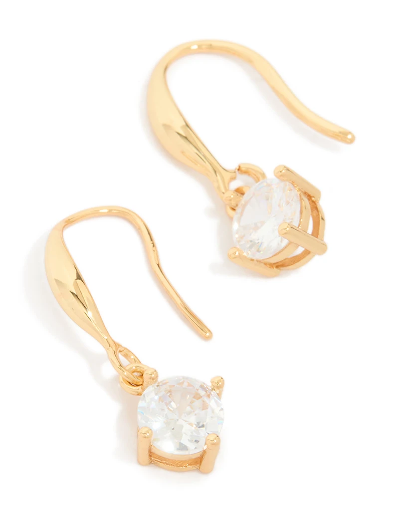 Gold Plated Cubic Zirconia Solitaire Hook Drop Earrings