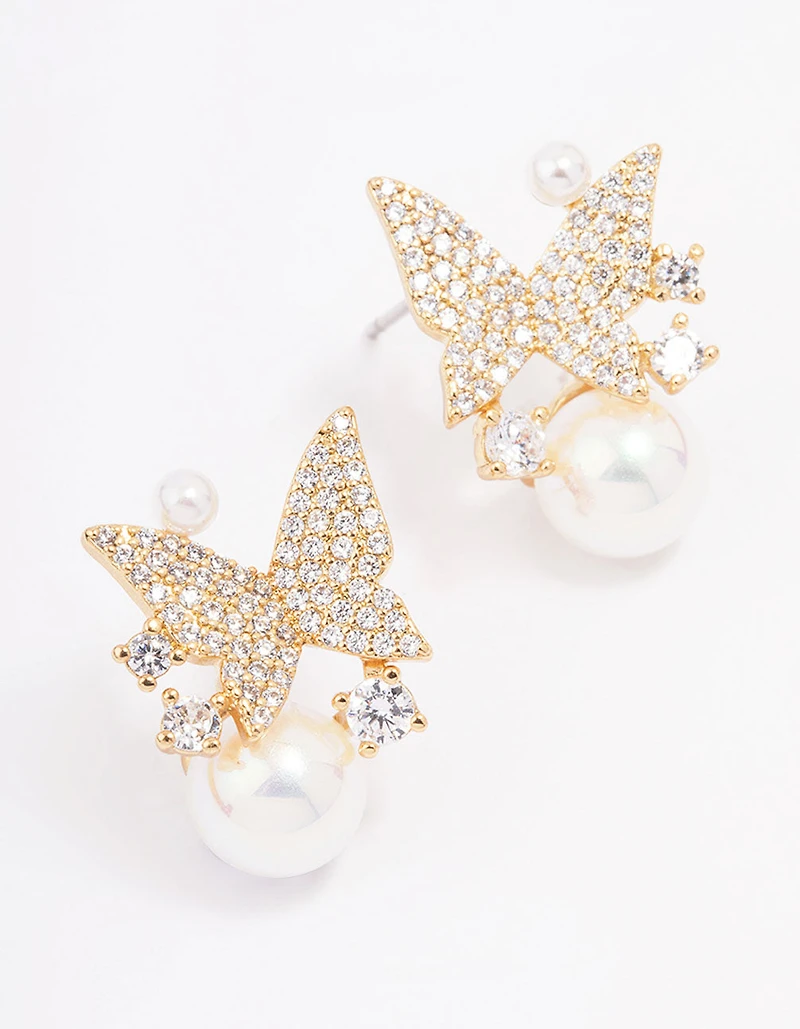 Gold Plated Pearl & Butterfly Cubic Zirconia Stud Earrings