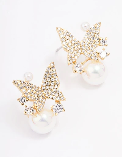 Gold Plated Pearl & Butterfly Cubic Zirconia Stud Earrings