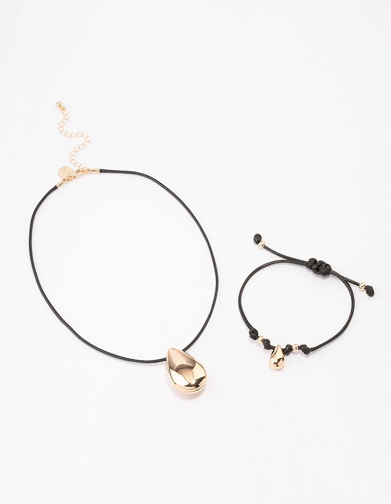 Gold Cord Teardrop Necklace & Bracelet Jewellery Set