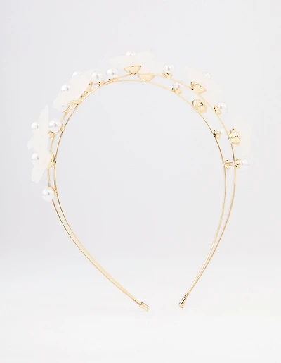 Gold Pearl Flower Double Headband