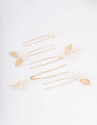 Gold Wire Flower Pearl Hair Pins
