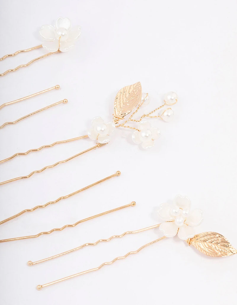 Gold Wire Flower Pearl Hair Pins