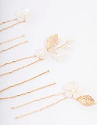 Gold Wire Flower Pearl Hair Pins