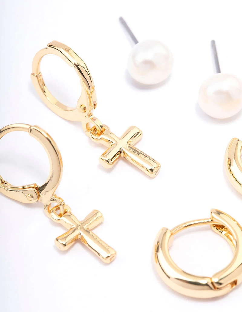 Gold Plated Cubic Zirconia & Freshwater Pearl Cross Earrings 4-Pack