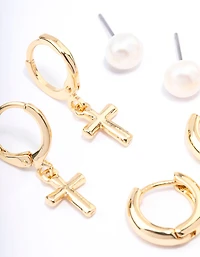 Gold Plated Cubic Zirconia & Freshwater Pearl Cross Earrings 4-Pack