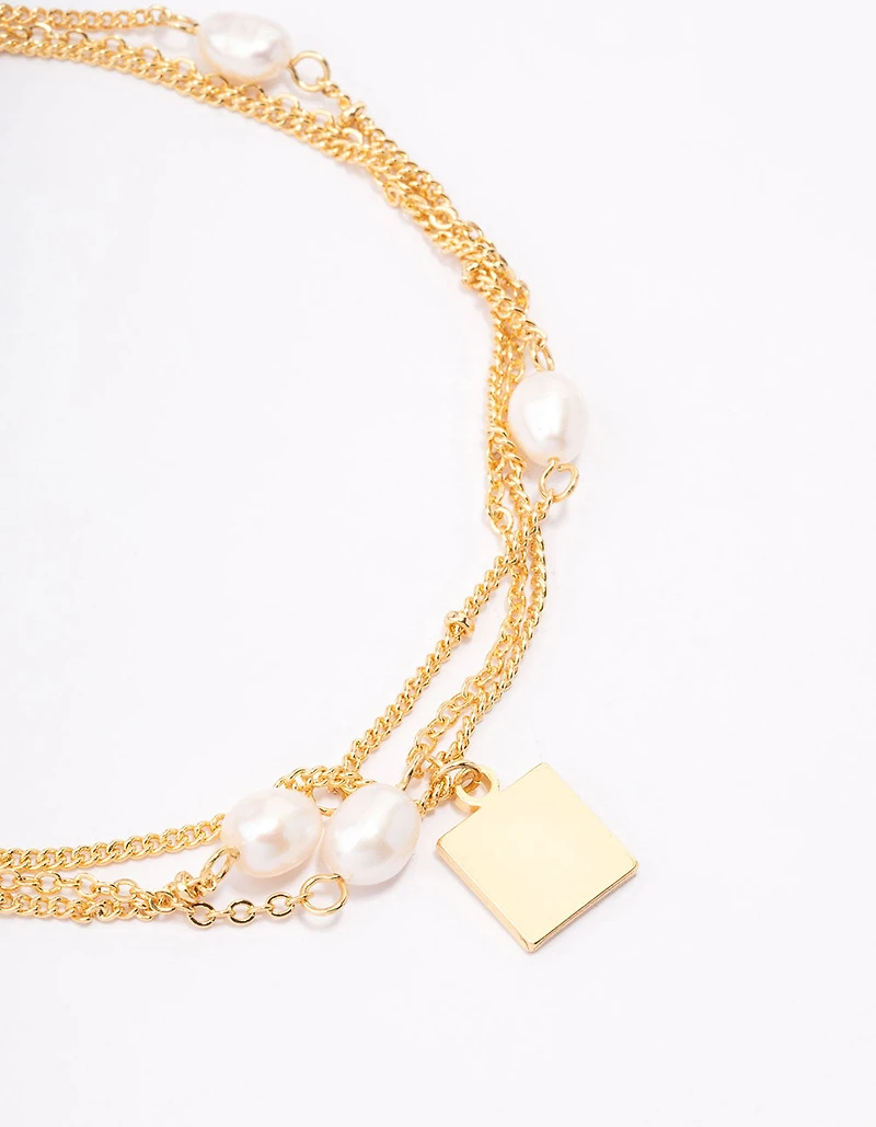 Gold Plated Layered Station Chain Freshwater Pearl Anklet
