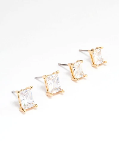Gold Plated Cubic Zirconia Baguette Stud Earring Pack