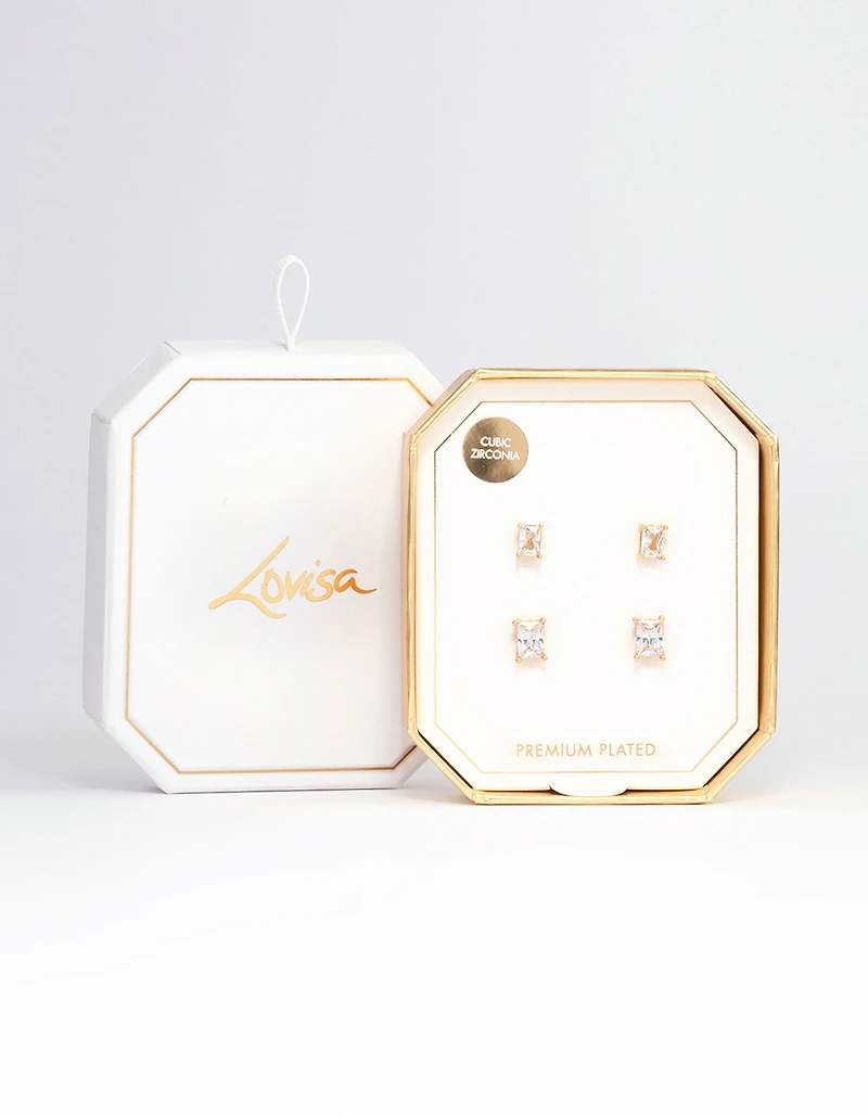 Gold Plated Cubic Zirconia Baguette Stud Earring Pack