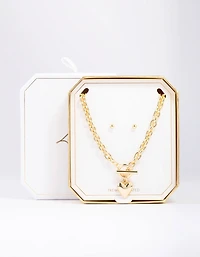 Gold Plated Heart FOB Necklace & Earrings Set