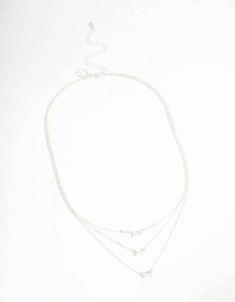 Silver Plated Cubic Zirconia Baguette Layered Necklace