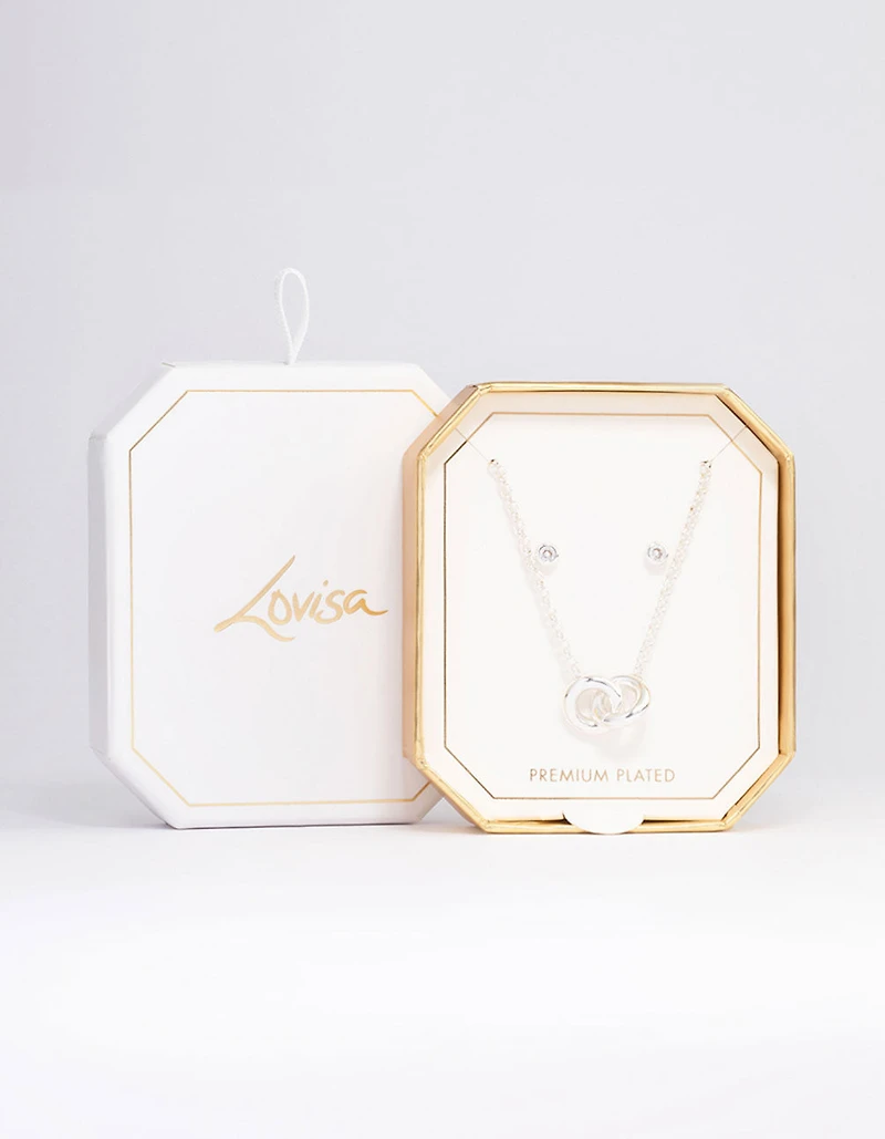 Silver Plated Round Circle Cubic Zirconia Necklace & Earrings Set