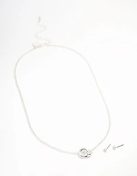 Silver Plated Round Circle Cubic Zirconia Necklace & Earrings Set