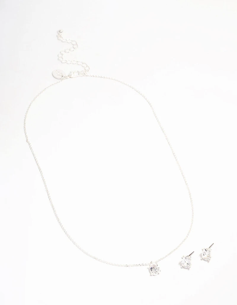 Silver Plated Oval Cubic Zirconia Necklace & Earrings Set