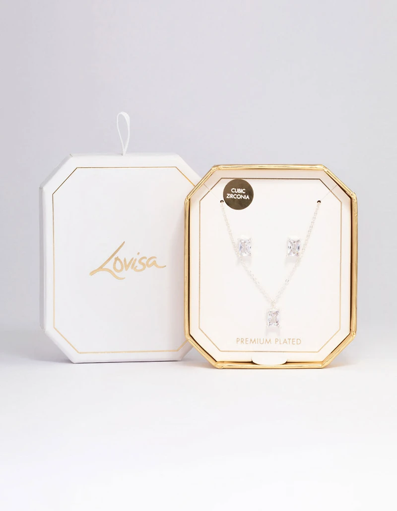 Silver Plated Radiant Cubic Zirconia Necklace & Earrings Set