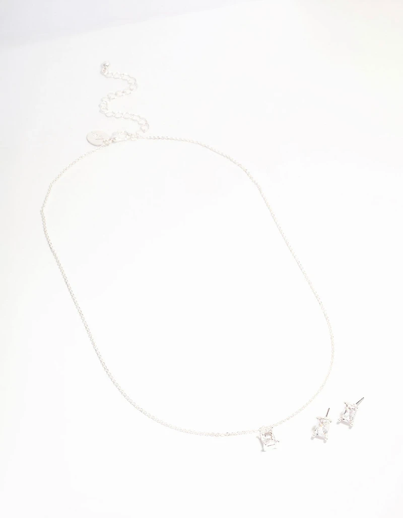 Silver Plated Radiant Cubic Zirconia Necklace & Earrings Set