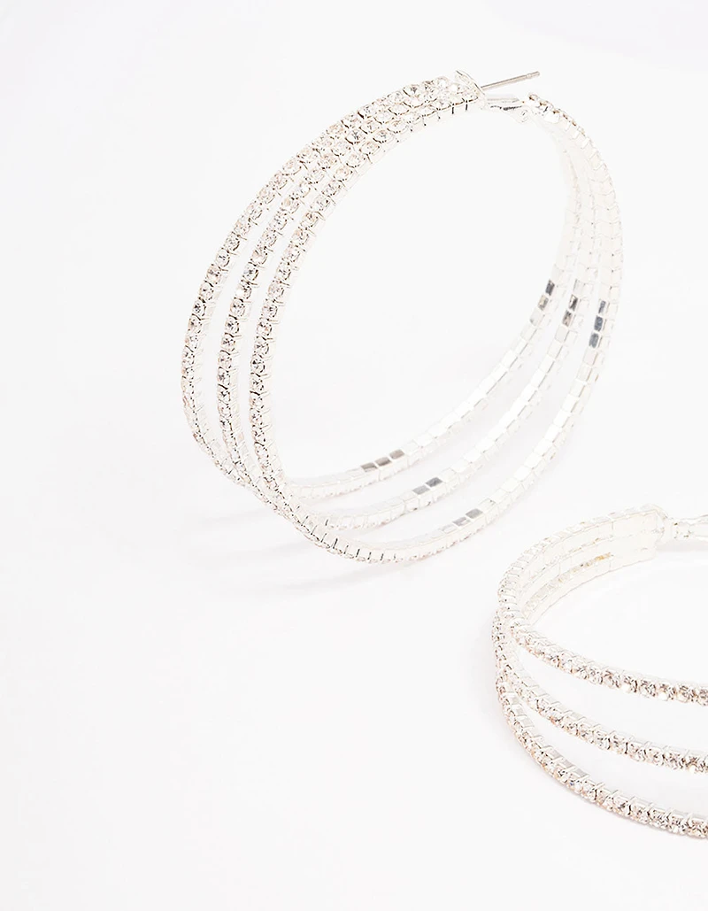 Silver Medium Triple Row Diamante Hoop Earrings