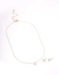 Gold Cubic Zirconia Round Earring & Necklace Set